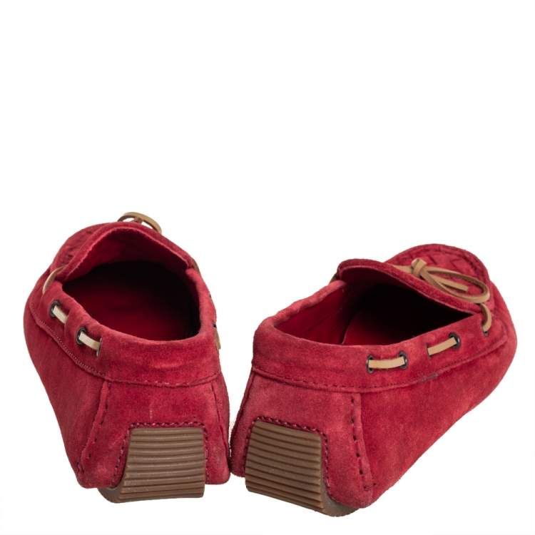 Pre Owned Bottega Veneta Red Intrecciato Suede Slip On Loafers Size 37