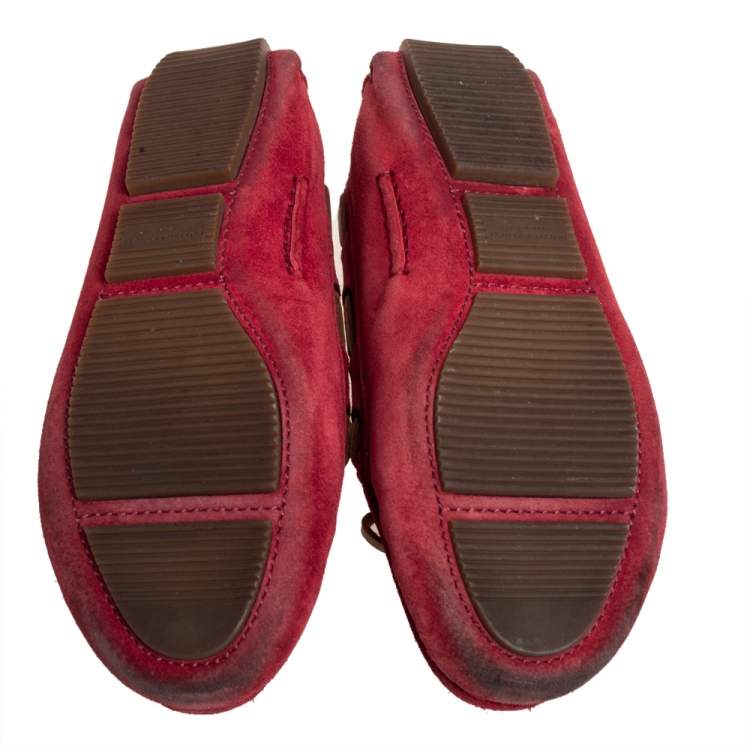 Pre Owned Bottega Veneta Red Intrecciato Suede Slip On Loafers Size 37