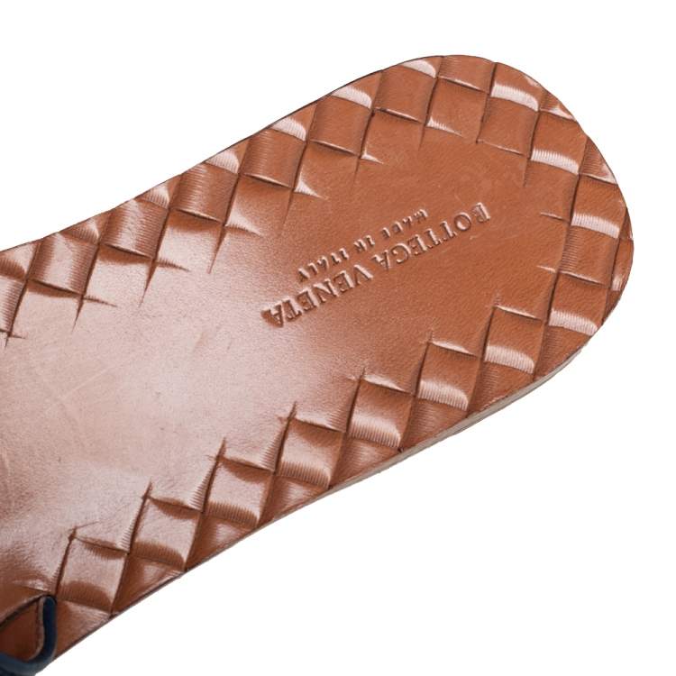 Pre Owned Bottega Veneta Blue Intrecciato Leather Slides Flat Size 38