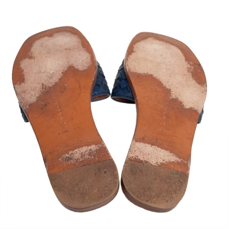 Pre Owned Bottega Veneta Blue Intrecciato Leather Slides Flat Size 38
