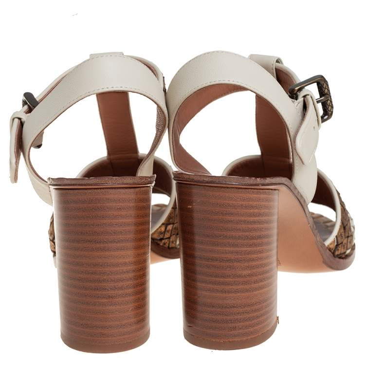 Pre Owned Bottega Veneta Cream/Gold  Leather Intrecciato Ankle Strap Block Heel Sandals Size 40