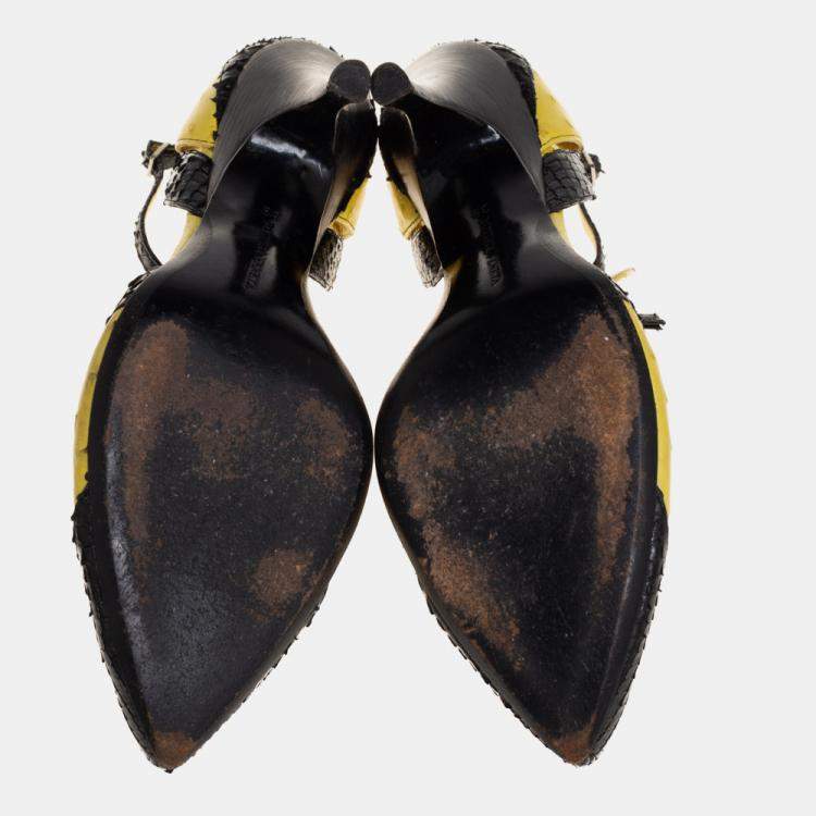 Pre Owned Bottega Veneta Yellow/Black  Ostrich And Python Ankle Strap Pumps Size 39
