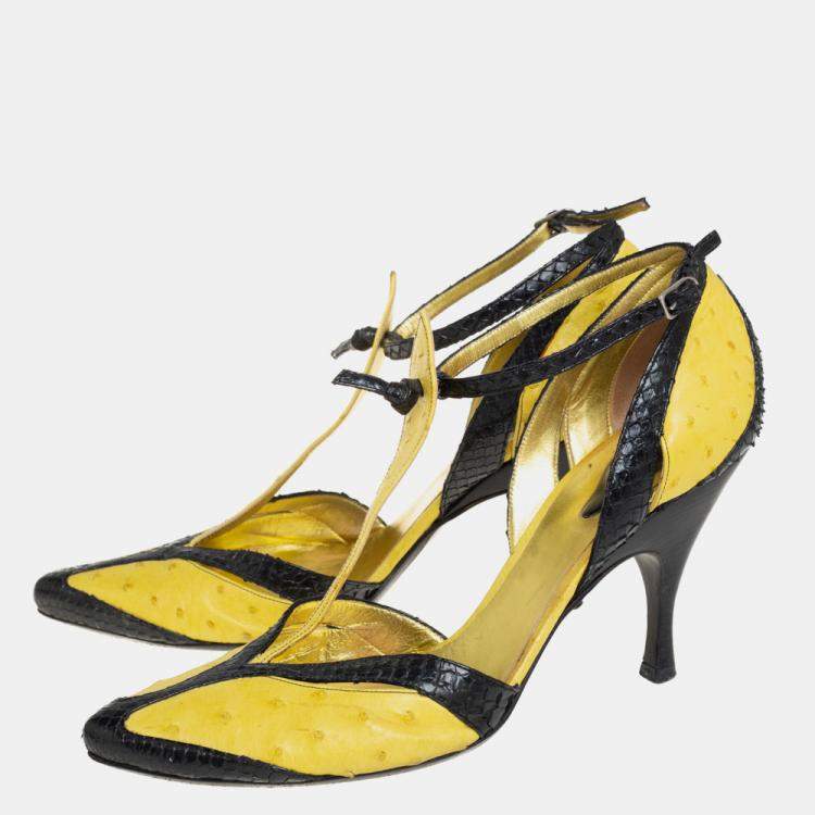 Pre Owned Bottega Veneta Yellow/Black  Ostrich And Python Ankle Strap Pumps Size 39