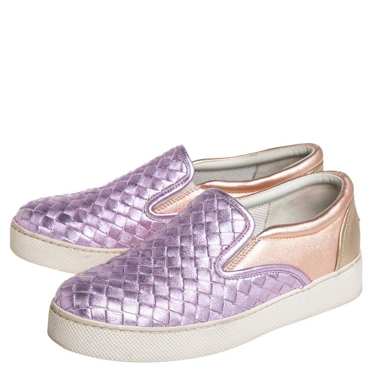 Pre Owned Bottega Veneta Multicolor Woven Leather Slip on Sneakers Size 36