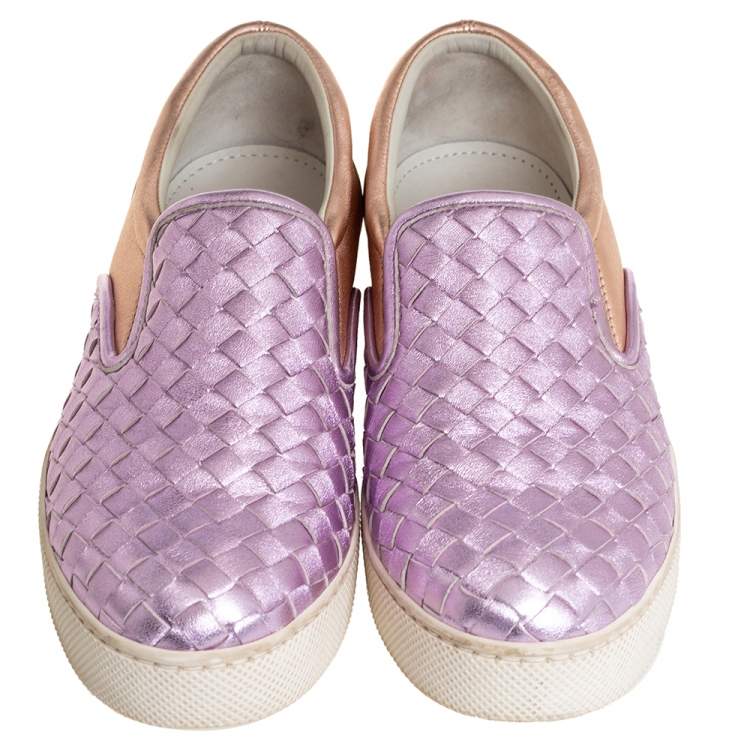 Pre Owned Bottega Veneta Multicolor Woven Leather Slip on Sneakers Size 36
