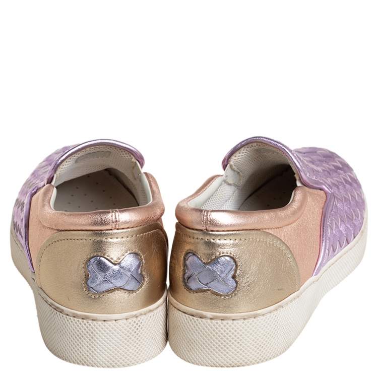Pre Owned Bottega Veneta Multicolor Woven Leather Slip on Sneakers Size 36
