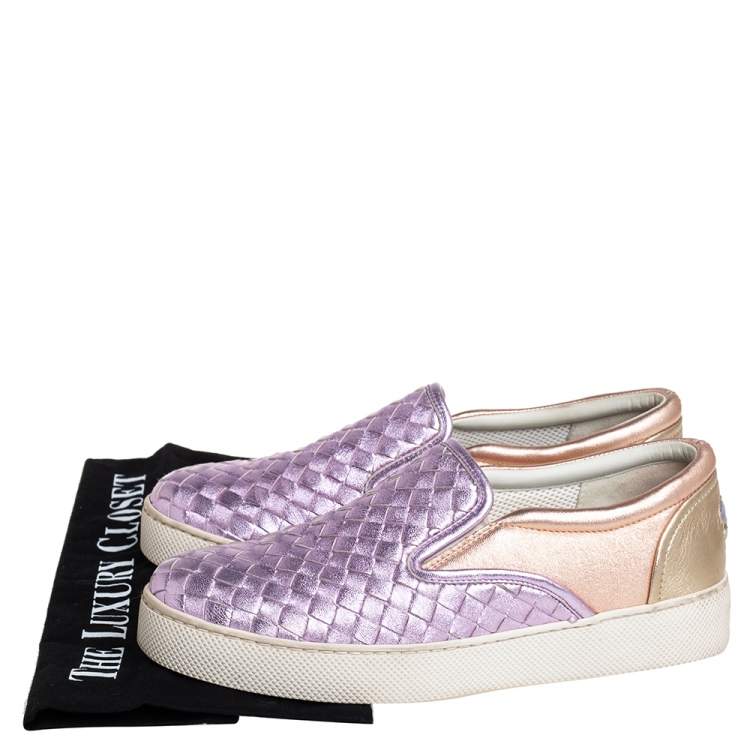Pre Owned Bottega Veneta Multicolor Woven Leather Slip on Sneakers Size 36