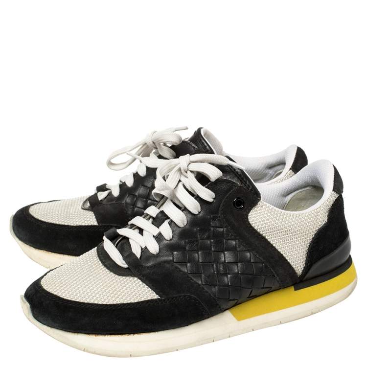 Pre Owned Bottega Veneta White/Black Mesh And Suede Intrecciato Leather Lace Up Low Top Sneakers Size 39