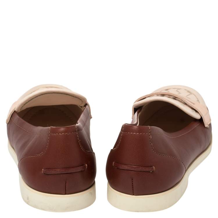 مملوكة مسبقًا Bottega Veneta Pink/Red Leather Intrecciato Detail Penny Loafer Size 39