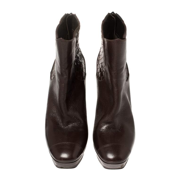 Pre Owned Bottega Veneta Brown Leather Intrecciato Platform Ankle Boots Size 38.5