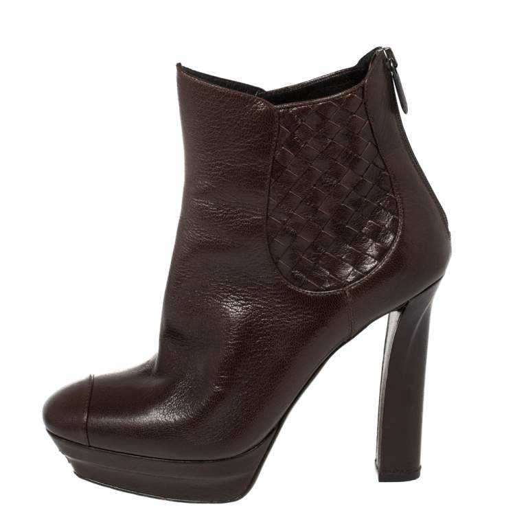 Pre Owned Bottega Veneta Brown Leather Intrecciato Platform Ankle Boots Size 38.5