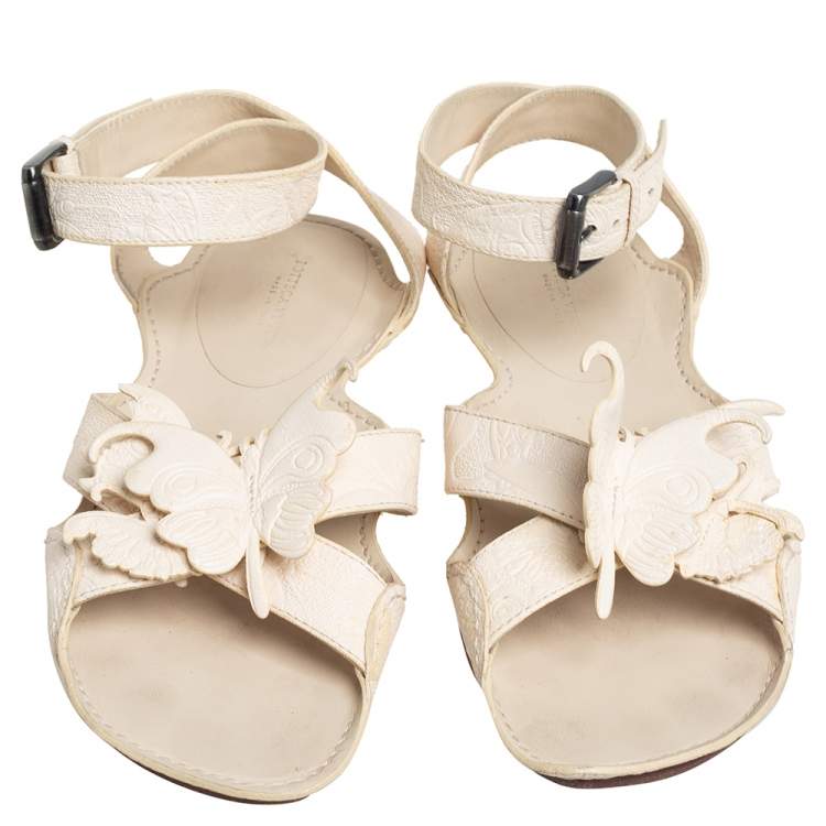 Pre Owned Bottega Veneta Cream Leather Butterfly Detail Flat Sandals Size 37.5