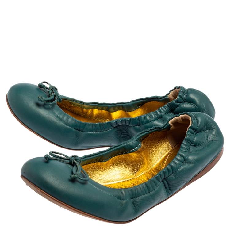 Pre Owned Bottega Veneta Blue Leather Scrunch Ballet Flats Size 36.5