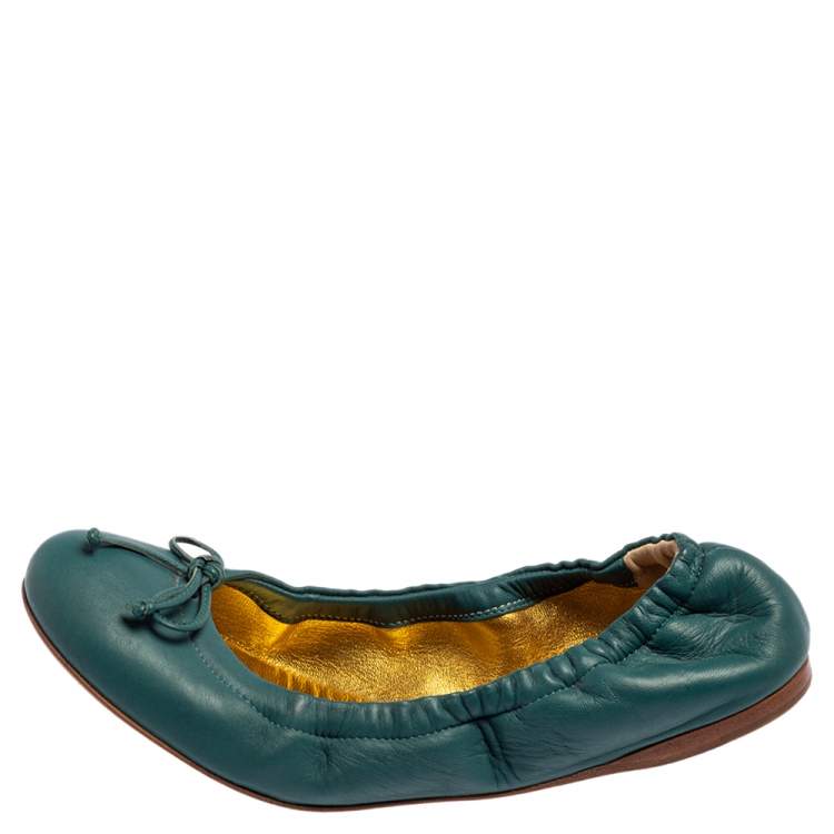 Pre Owned Bottega Veneta Blue Leather Scrunch Ballet Flats Size 36.5