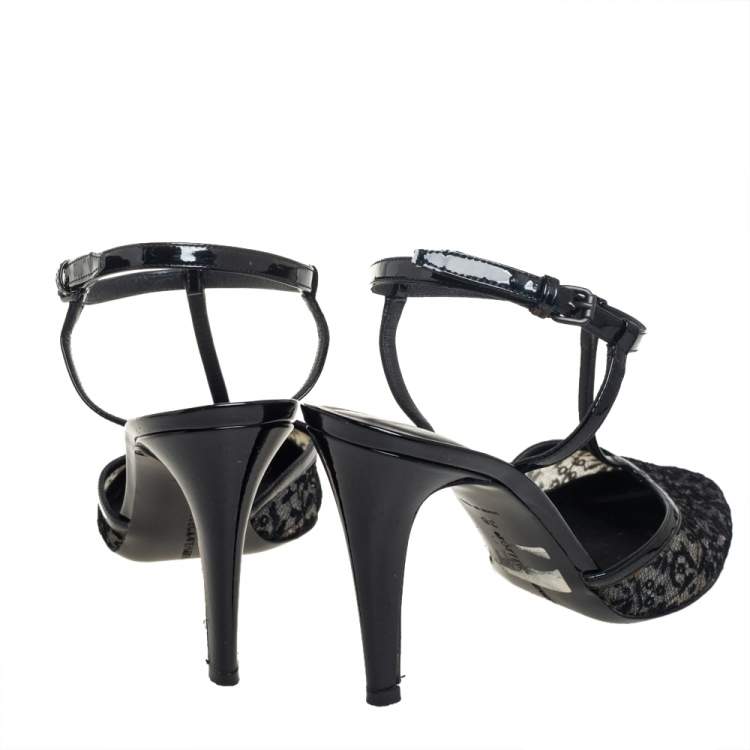 Pre Owned Bottega Veneta Black Lace And Patent Leather T Strap Sandals Size 38