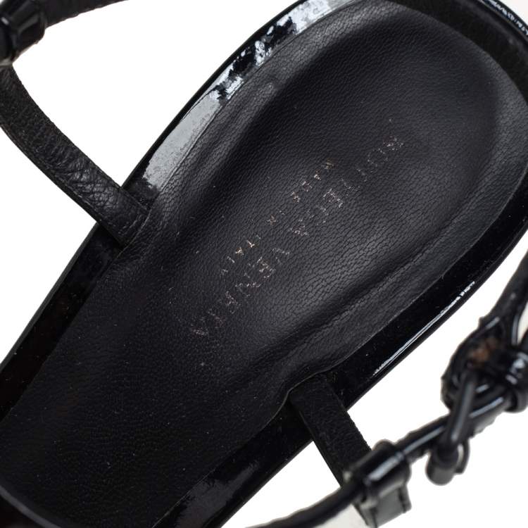 Pre Owned Bottega Veneta Black Lace And Patent Leather T Strap Sandals Size 38