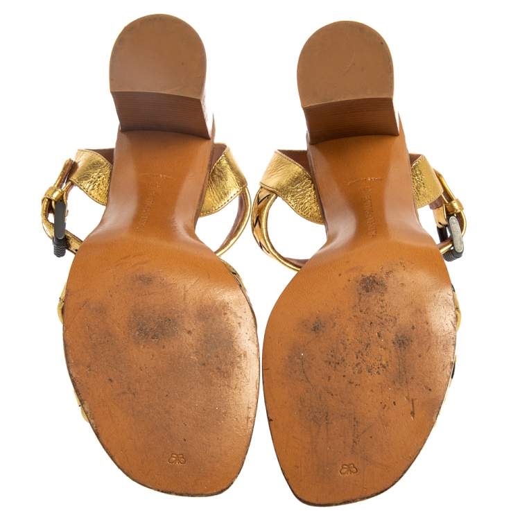Pre Owned Bottega Veneta Metallic Gold Intrecciato Leather T Strap Sandals Size 39