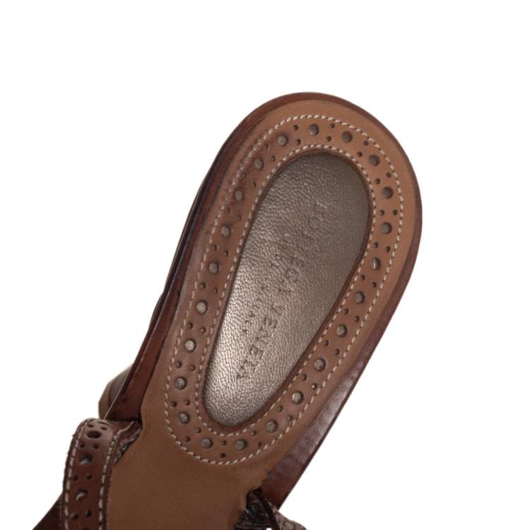 Pre Owned Bottega Veneta Brown Intrecciato Perforated Leather Ankle Strap Sandals Size 40