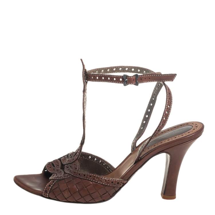 Pre Owned Bottega Veneta Brown Intrecciato Perforated Leather Ankle Strap Sandals Size 40