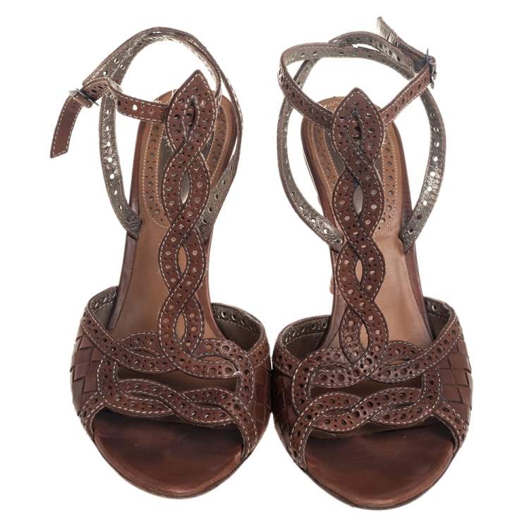 Pre Owned Bottega Veneta Brown Intrecciato Perforated Leather Ankle Strap Sandals Size 40