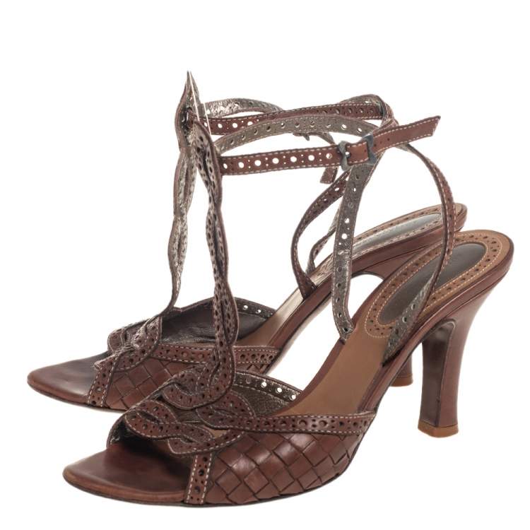 Pre Owned Bottega Veneta Brown Intrecciato Perforated Leather Ankle Strap Sandals Size 40