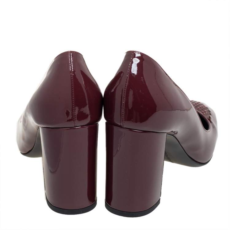 Pre Owned Bottega Veneta Burgundy Patent Leather Intrecciato Detail Block Heel Pumps Size 39