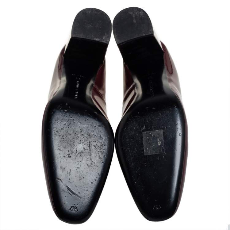 Pre Owned Bottega Veneta Burgundy Patent Leather Intrecciato Detail Block Heel Pumps Size 39