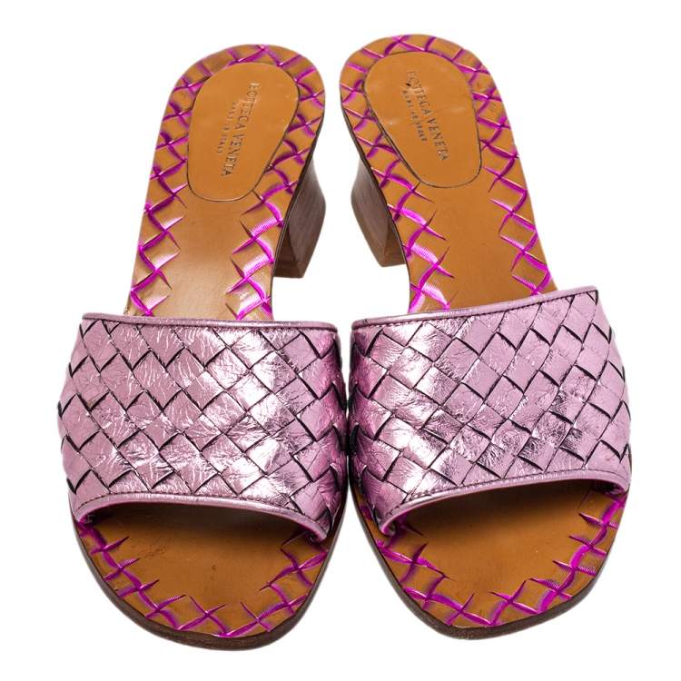 Pre Owned Bottega Veneta Metallic Purple Intrecciato Slide Sandals Size 36