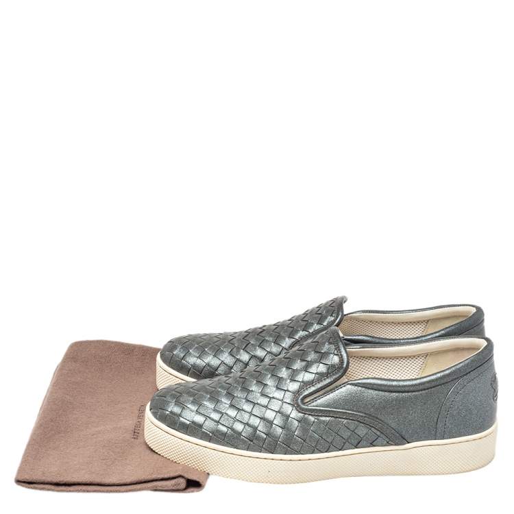 Pre Owned Bottega Veneta Grey Intrecciato Leather Dodger Slip On Sneakers Size 37.5