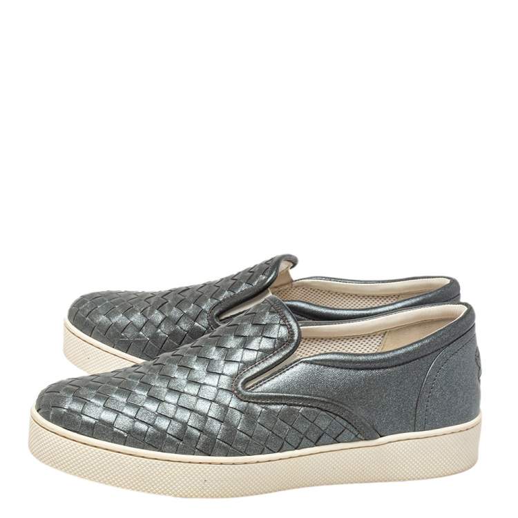 Pre Owned Bottega Veneta Grey Intrecciato Leather Dodger Slip On Sneakers Size 37.5