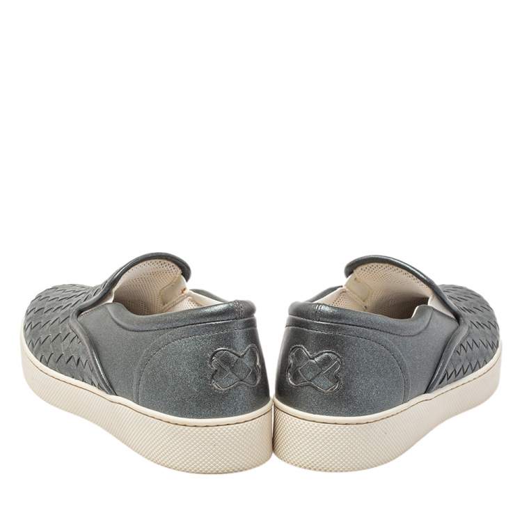 Pre Owned Bottega Veneta Grey Intrecciato Leather Dodger Slip On Sneakers Size 37.5