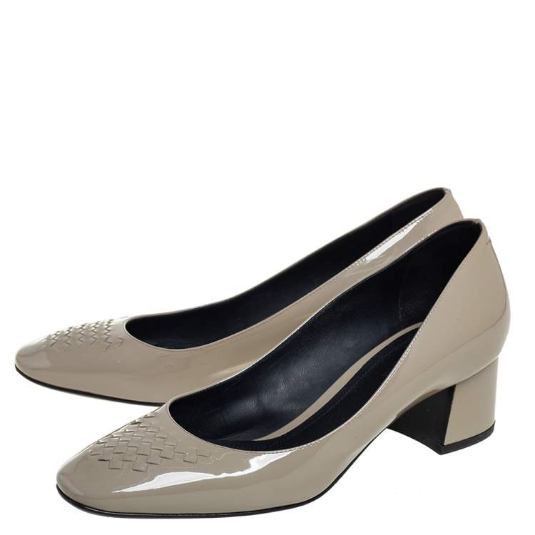 Pre Owned Bottega Veneta Grey Patent Leather Block Heel Pumps Size 37