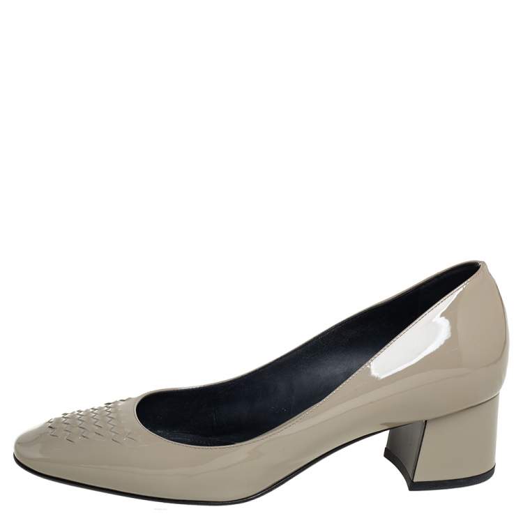Pre Owned Bottega Veneta Grey Patent Leather Block Heel Pumps Size 37