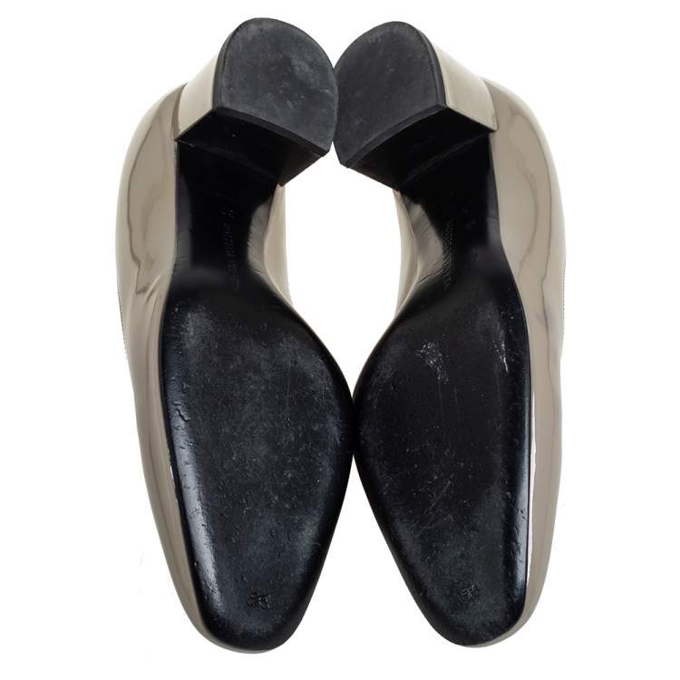 Pre Owned Bottega Veneta Grey Patent Leather Block Heel Pumps Size 37
