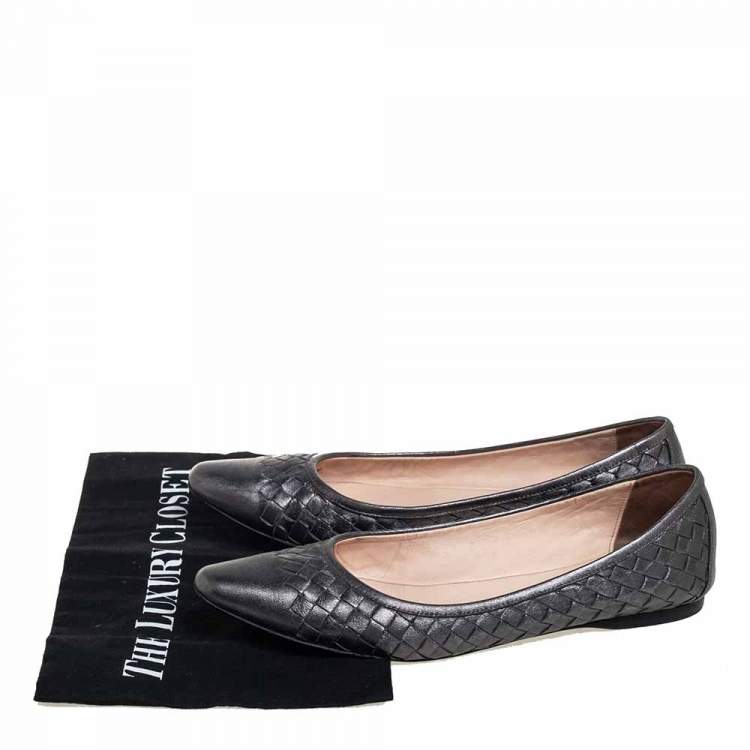 Pre Owned Bottega Veneta Metallic Grey Intrecciato Leather Pointed Toe Ballet Flats Size 38