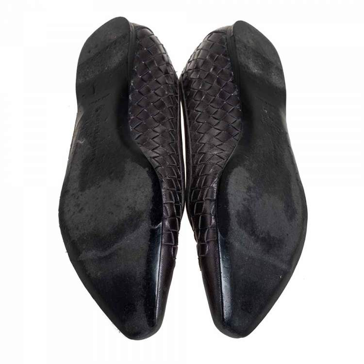 Pre Owned Bottega Veneta Metallic Grey Intrecciato Leather Pointed Toe Ballet Flats Size 38