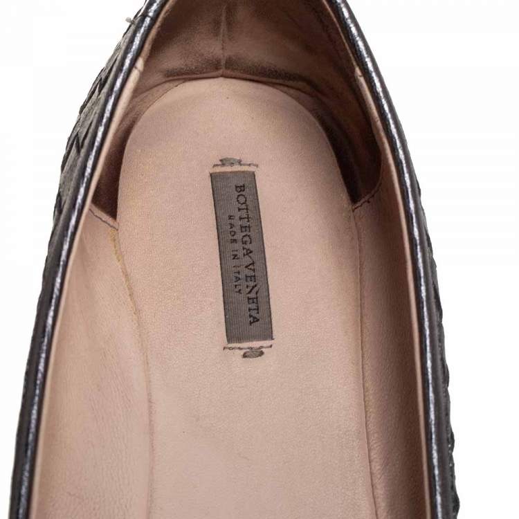 Pre Owned Bottega Veneta Metallic Grey Intrecciato Leather Pointed Toe Ballet Flats Size 38