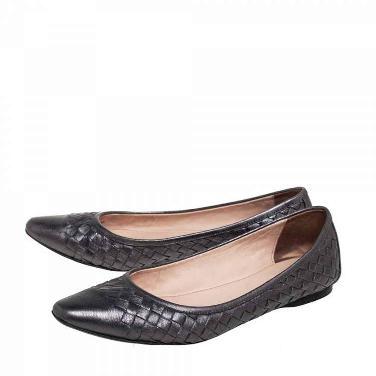 Pre Owned Bottega Veneta Metallic Grey Intrecciato Leather Pointed Toe Ballet Flats Size 38
