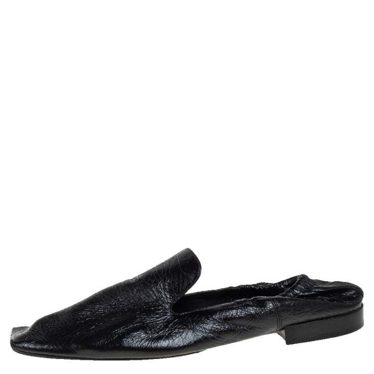 Pre Owned Bottega Veneta Black Leather Square Toe Smoking Slippers Size 36.5