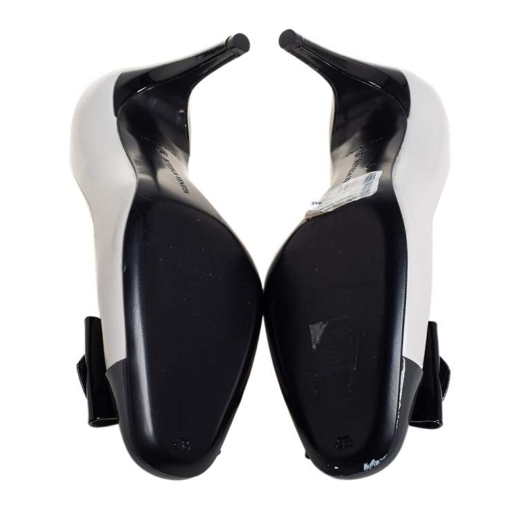 Pre Owned Bottega Veneta Tricolor Patent Leather And Leather Intrecciato Bow Pumps Size 38