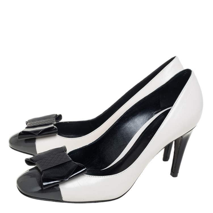 Pre Owned Bottega Veneta Tricolor Patent Leather And Leather Intrecciato Bow Pumps Size 38