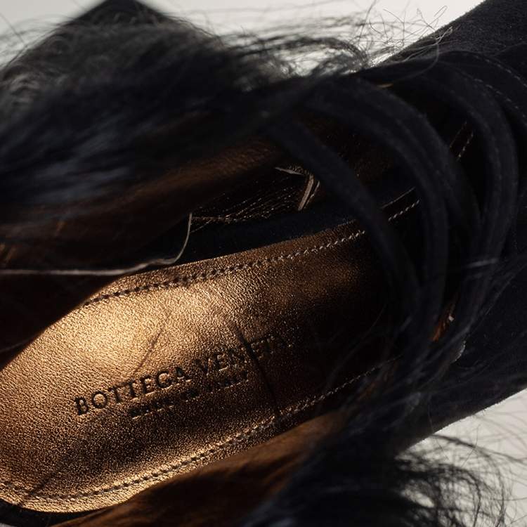 Pre Owned Bottega Veneta Black Suede And Goat Fur Criss Cross Ankle Boots Size 38