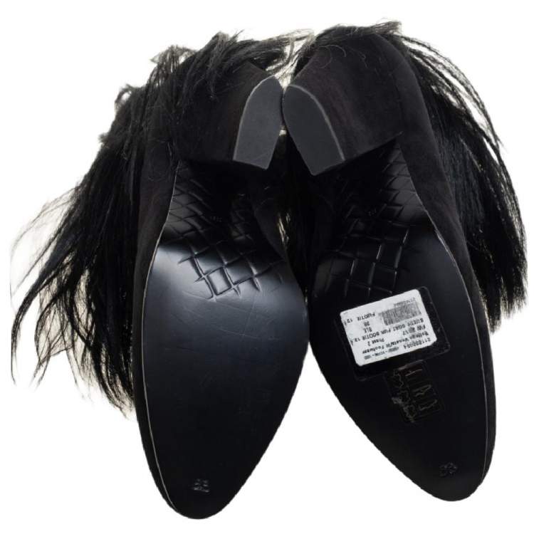 Pre Owned Bottega Veneta Black Suede And Goat Fur Criss Cross Ankle Boots Size 38