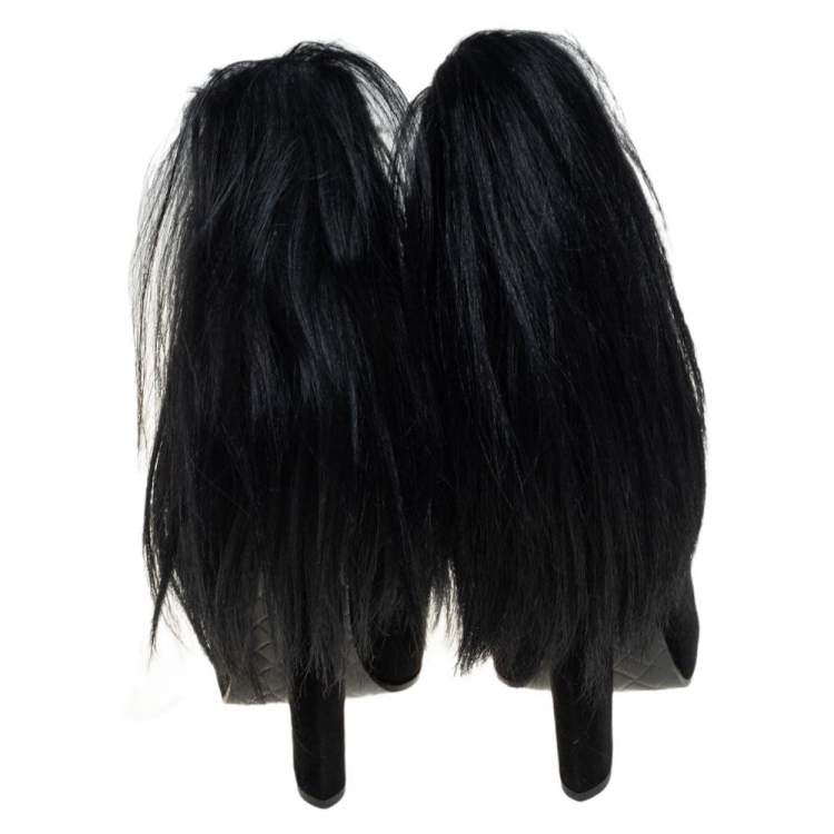 Pre Owned Bottega Veneta Black Suede And Goat Fur Criss Cross Ankle Boots Size 38
