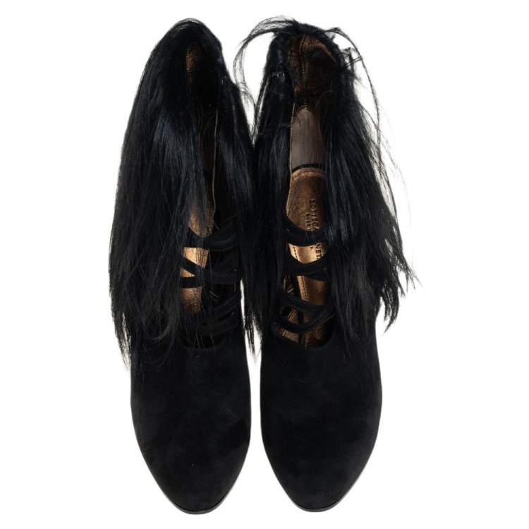 Pre Owned Bottega Veneta Black Suede And Goat Fur Criss Cross Ankle Boots Size 38