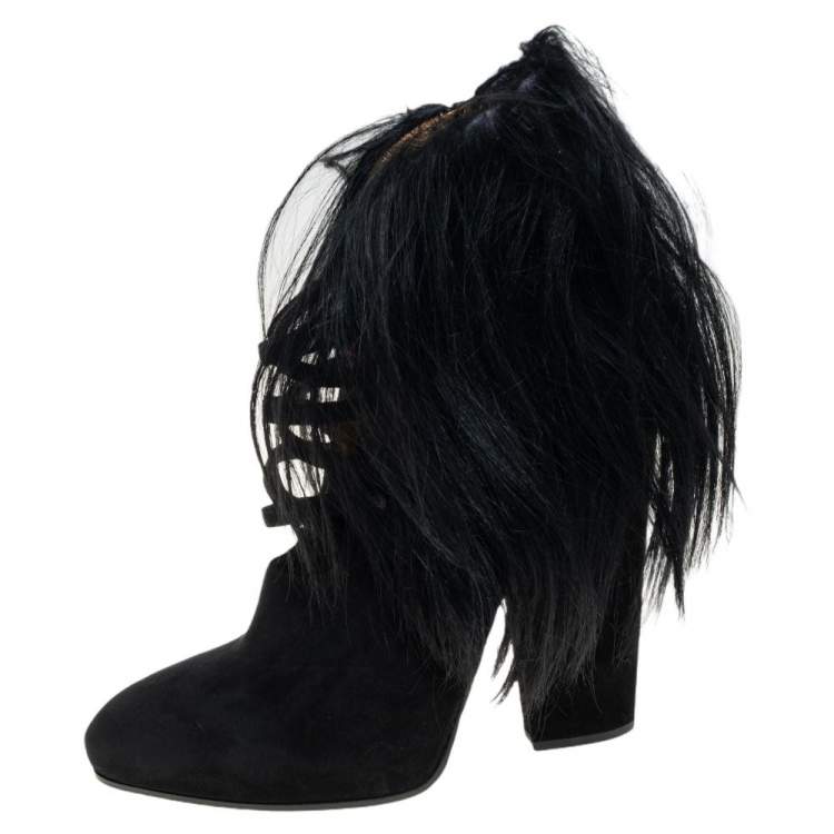 Pre Owned Bottega Veneta Black Suede And Goat Fur Criss Cross Ankle Boots Size 38