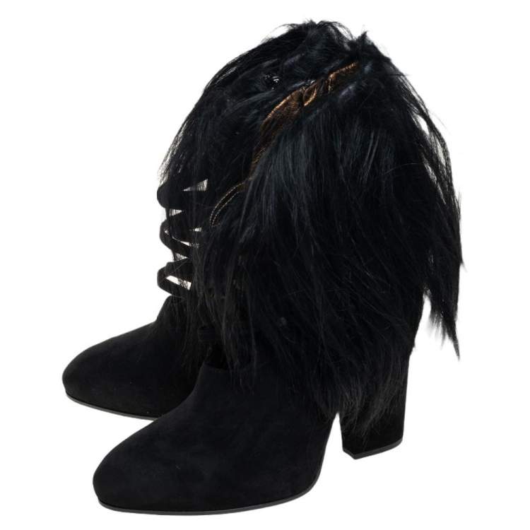 Pre Owned Bottega Veneta Black Suede And Goat Fur Criss Cross Ankle Boots Size 38