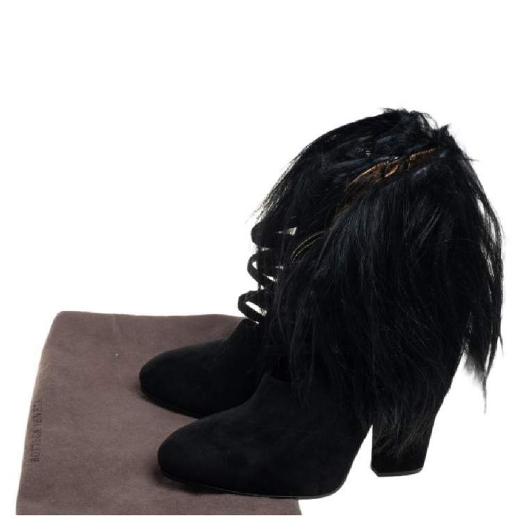 Pre Owned Bottega Veneta Black Suede And Goat Fur Criss Cross Ankle Boots Size 38