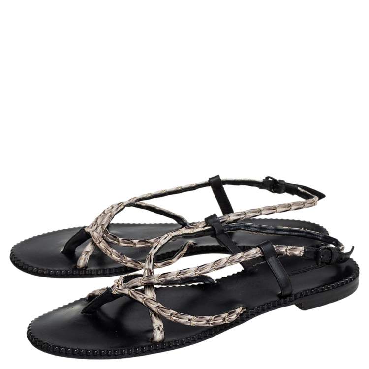 Pre Owned Bottega Veneta White/Black Leather Strappy Thong Sandals Size 41
