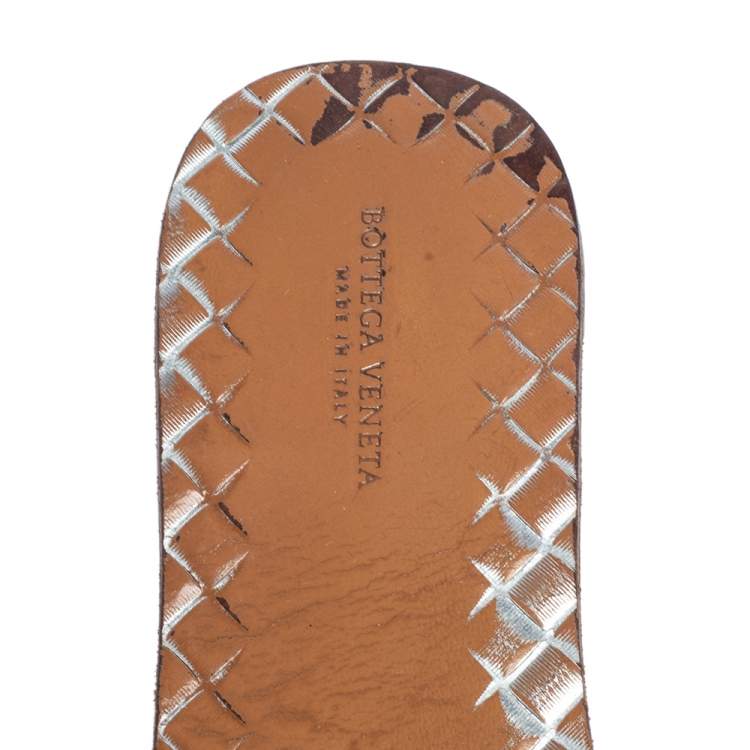 Pre Owned Bottega Veneta Silver Intrecciato Leather Slide Flats Size 39